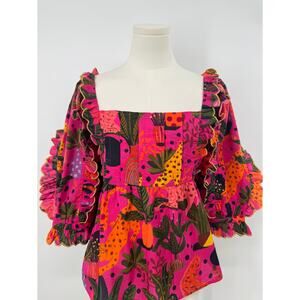 Farm Rio Pink Floral Print Top Ruffle Puff Sleeve Smocked Jungle Blouse XL NWOT
